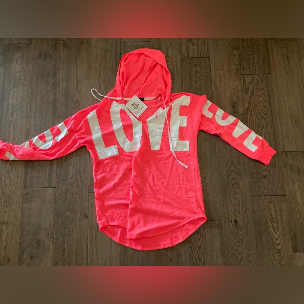 Neon Hot Pink Love Hoodie Tunic Long Sleeve Top Shirt Tunic Dress Women Teens